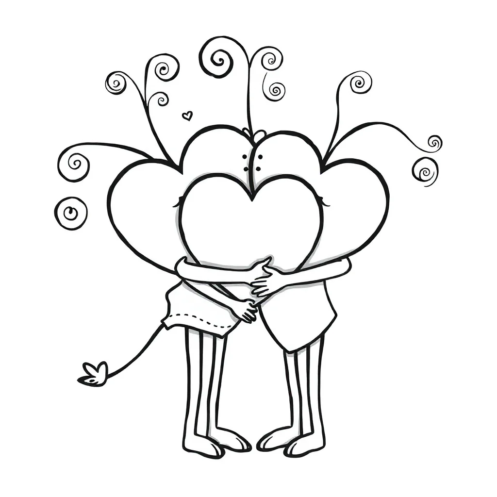 Hearts hearts with swirls hugging a friend — easy hearts coloring page (ages 2–5)