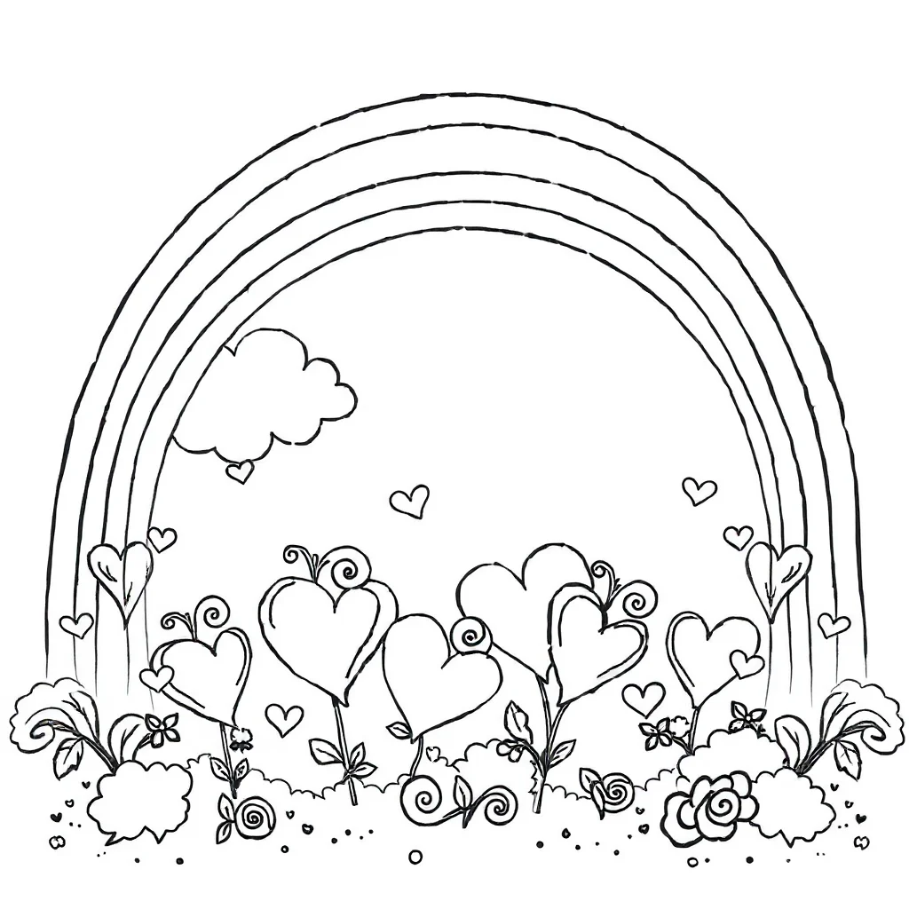 Hearts hearts with swirls under a rainbow — classic hearts coloring page (ages 5–10)