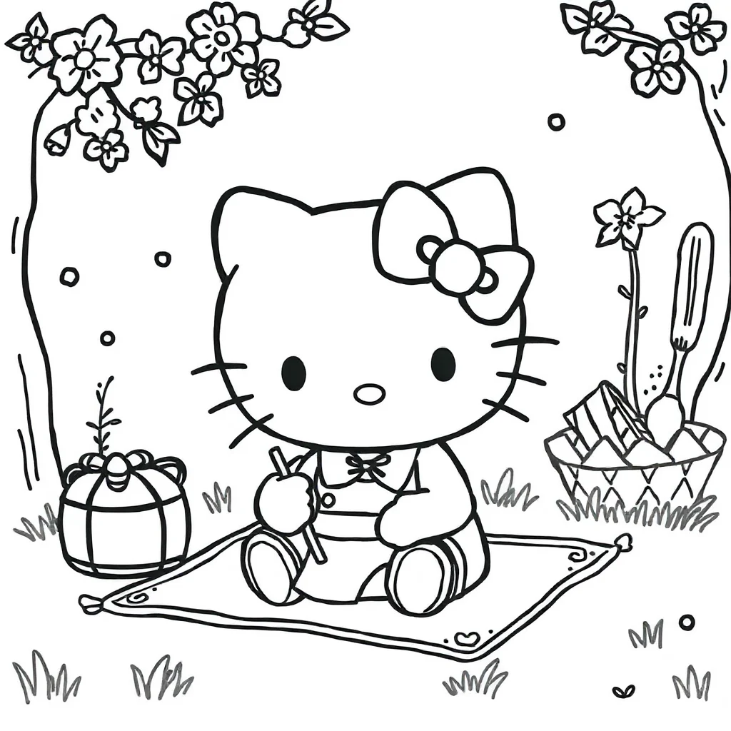 Hello kitty cute hello kitty with a bow having a picnic — classic hello kitty coloring page (ages 5–10)