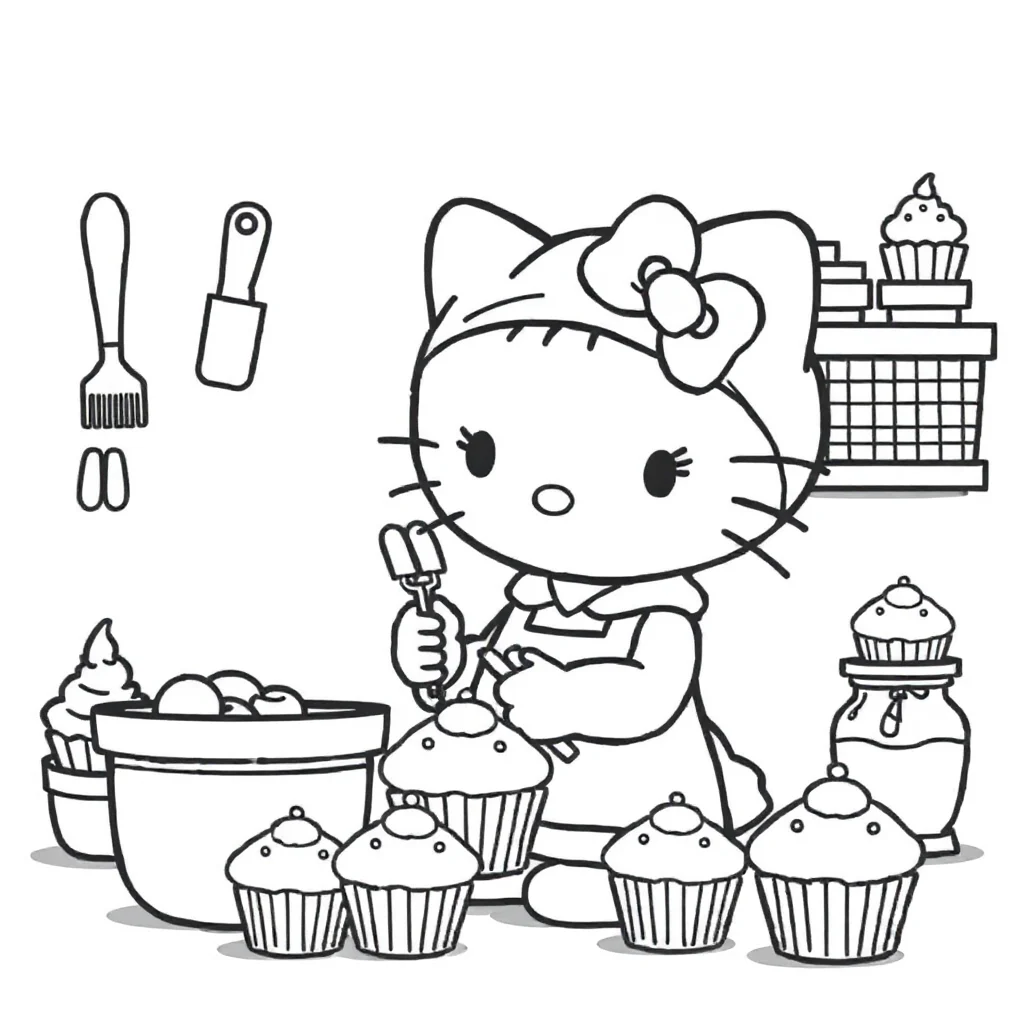 Hello kitty hello kitty baking cupcakes baking cookies — classic hello kitty coloring page (ages 5–10)