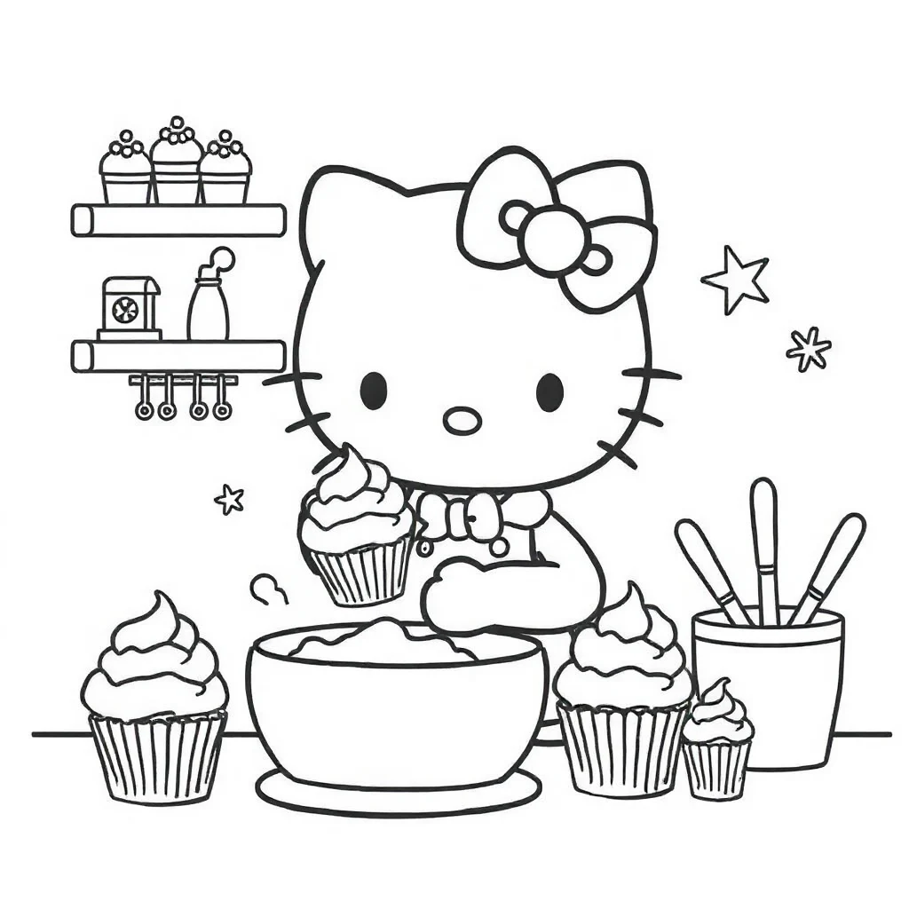Hello kitty hello kitty baking cupcakes — easy hello kitty coloring page (ages 2–5)