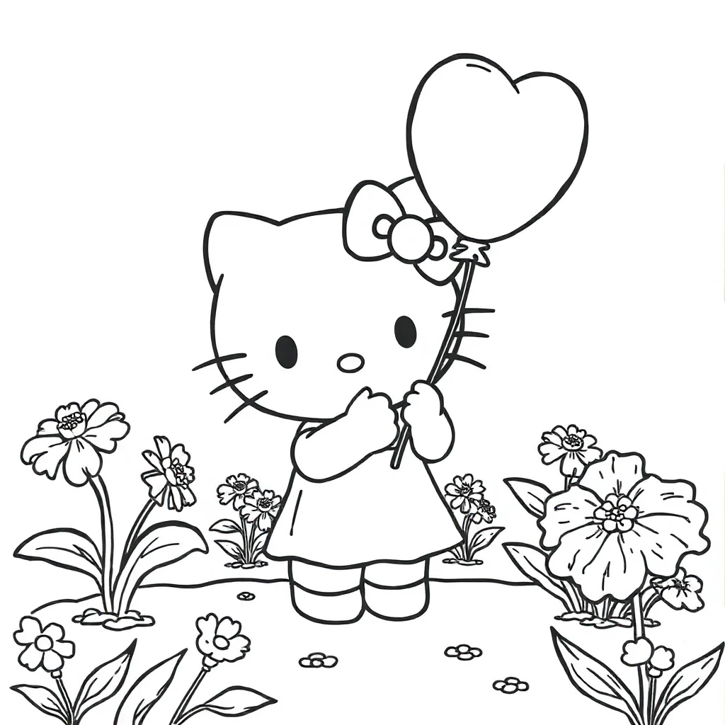 Hello kitty hello kitty holding a balloon in a flower garden — classic hello kitty coloring page (ages 5–10)
