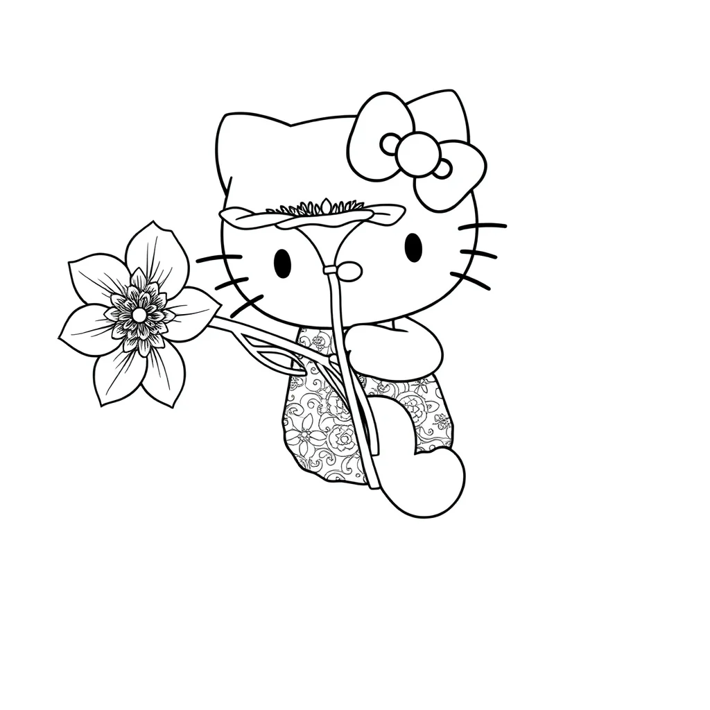 Hello kitty hello kitty holding a big flower leaping mid air — detailed hello kitty coloring page (ages 9+ & adults)