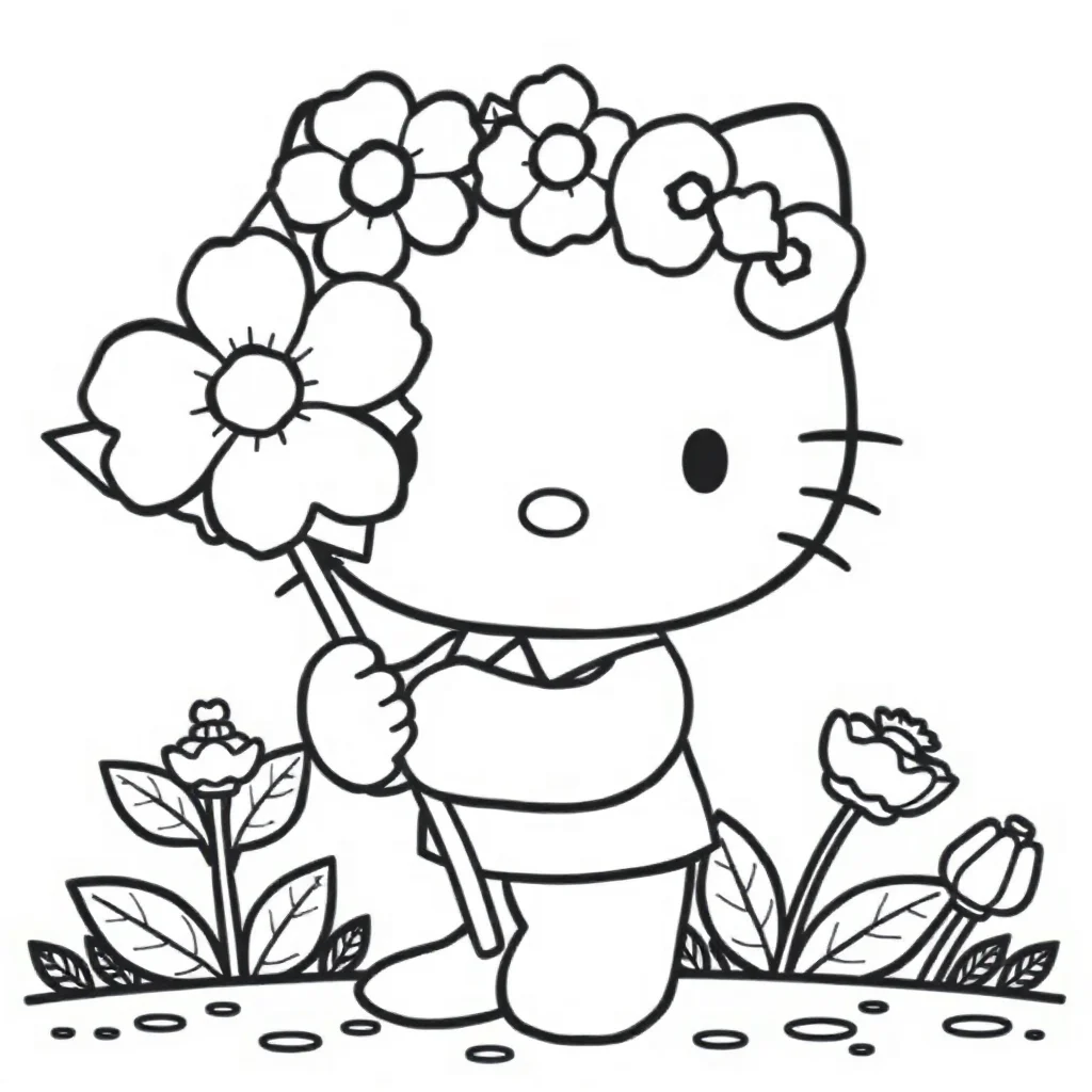 Hello kitty hello kitty holding a big flower wearing a flower crown — classic hello kitty coloring page (ages 5–10)