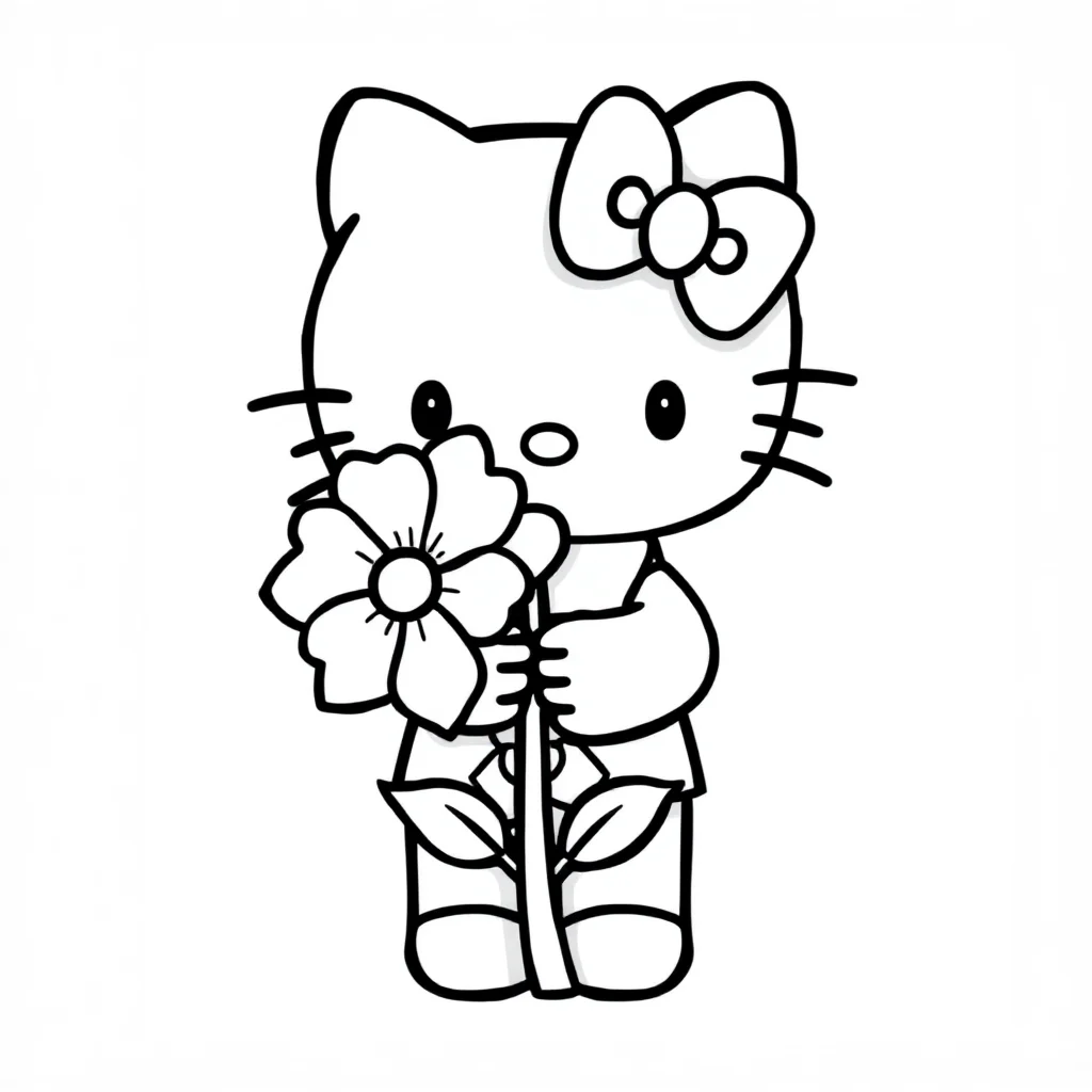 Hello kitty hello kitty holding a big flower — easy hello kitty coloring page (ages 2–5)