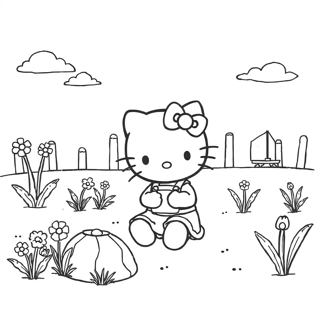 Hello kitty hello kitty playing in a garden on the beach — classic hello kitty coloring page (ages 5–10)