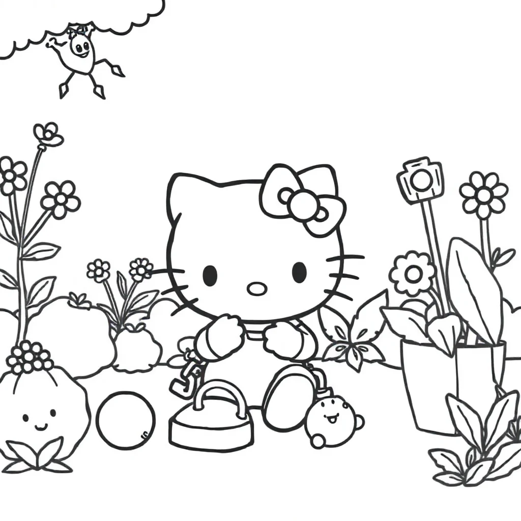 Hello kitty hello kitty playing in a garden — classic hello kitty coloring page (ages 5–10)