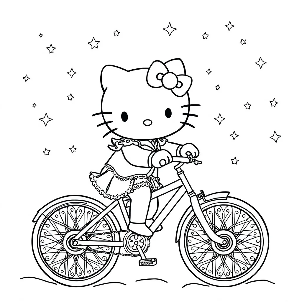 Hello kitty hello kitty riding a bicycle under the night sky with stars — detailed hello kitty coloring page (ages 9+ & adults)
