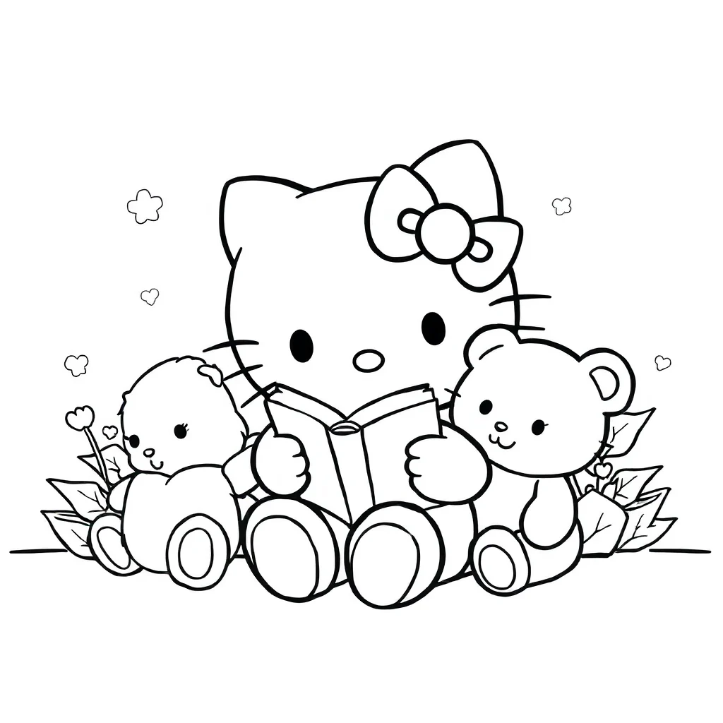 Hello kitty hello kitty sitting with a teddy bear reading a book — classic hello kitty coloring page (ages 5–10)