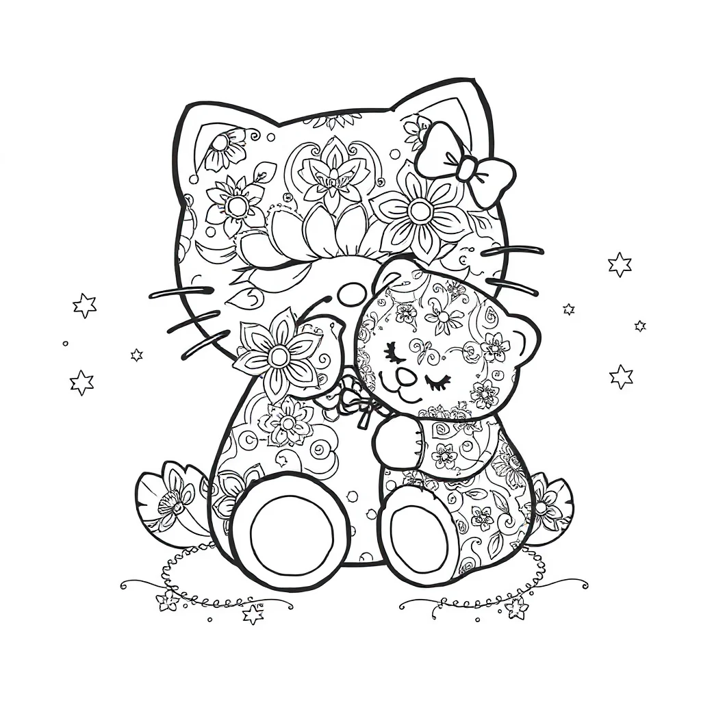 Hello kitty hello kitty sitting with a teddy bear sleeping curled up — detailed hello kitty coloring page (ages 9+ & adults)