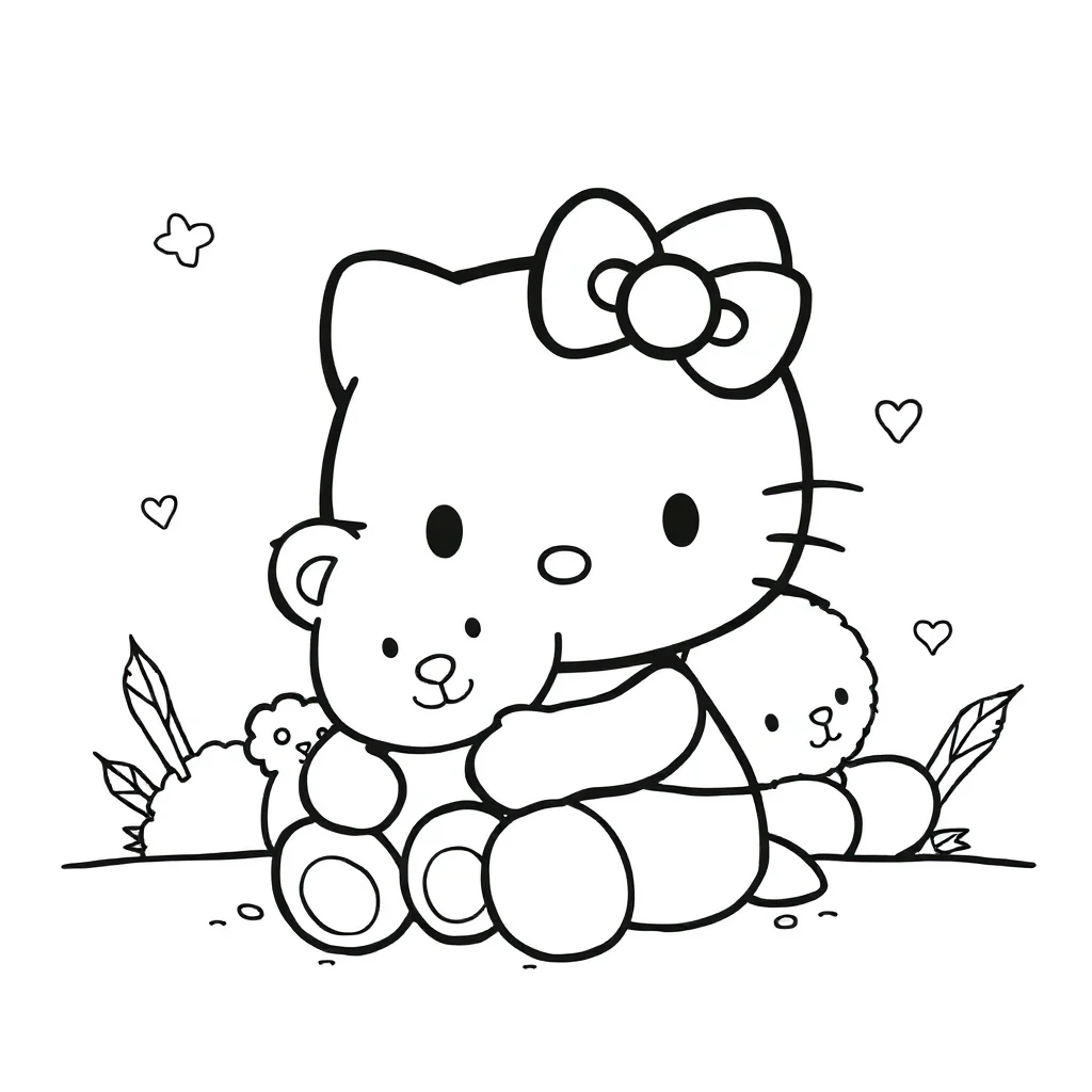 Hello kitty hello kitty sitting with a teddy bear — easy hello kitty coloring page (ages 2–5)