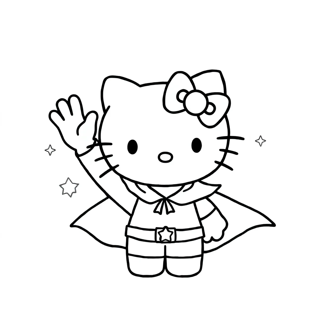 Hello kitty hello kitty waving hello in a superhero cape — classic hello kitty coloring page (ages 5–10)