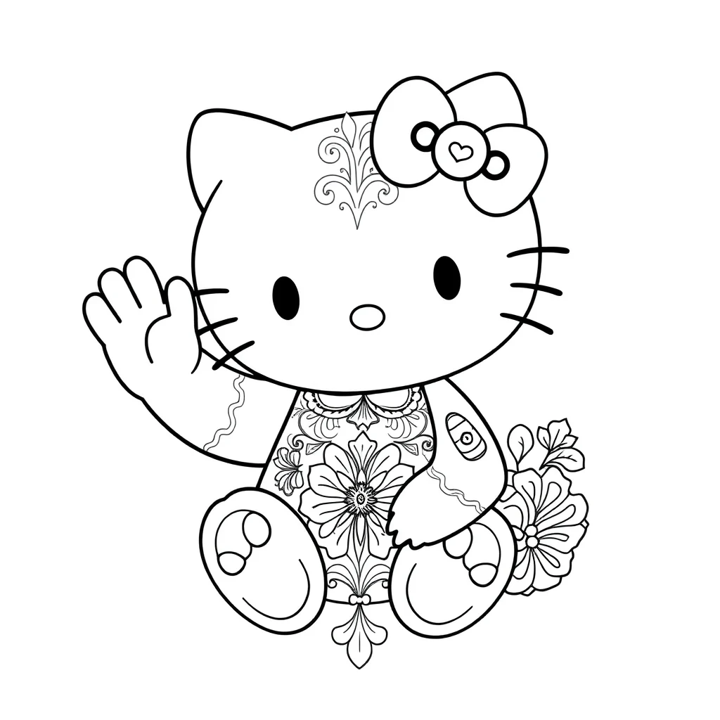 Hello kitty hello kitty waving hello sitting — detailed hello kitty coloring page (ages 9+ & adults)