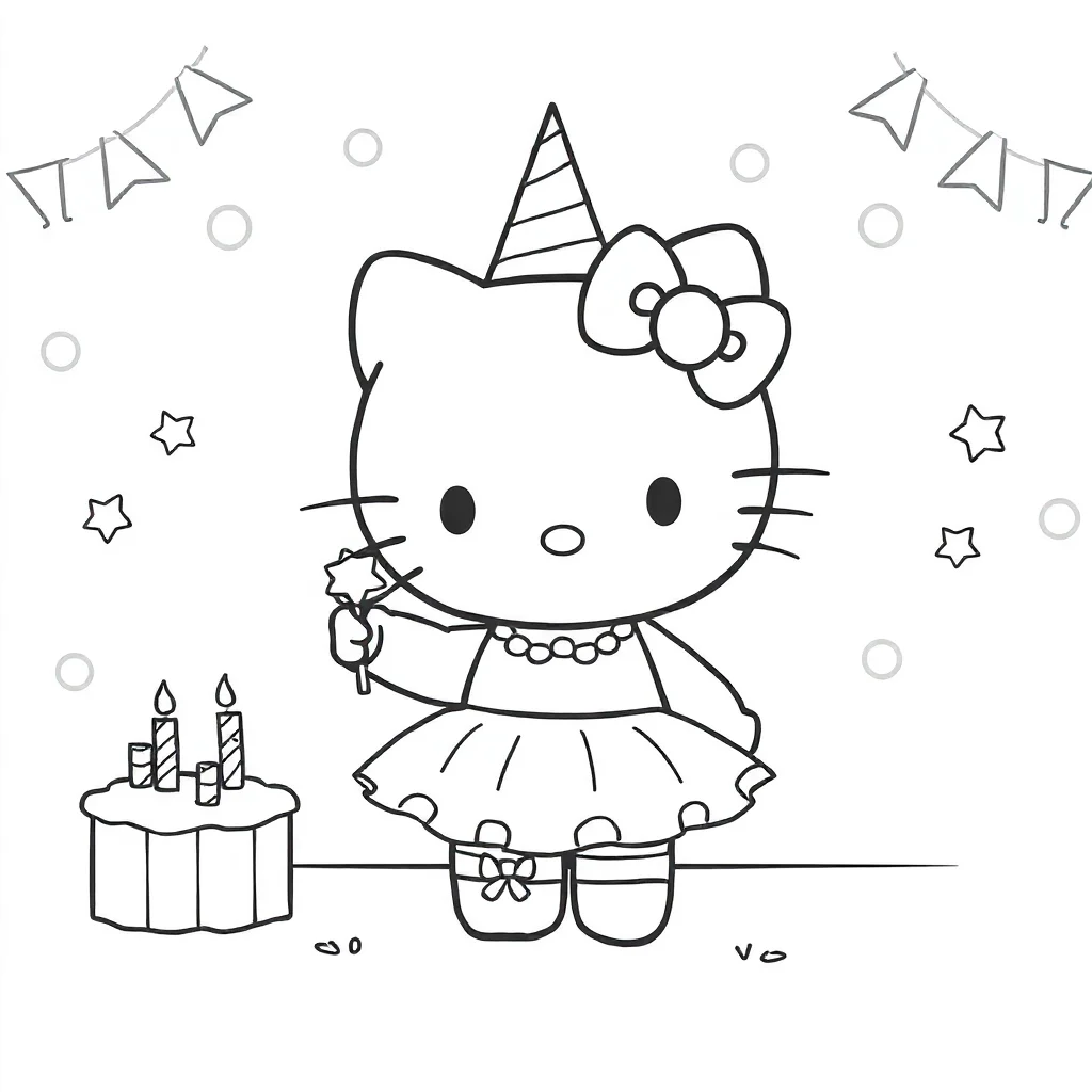 Hello kitty hello kitty wearing a party dress celebrating a birthday — classic hello kitty coloring page (ages 5–10)