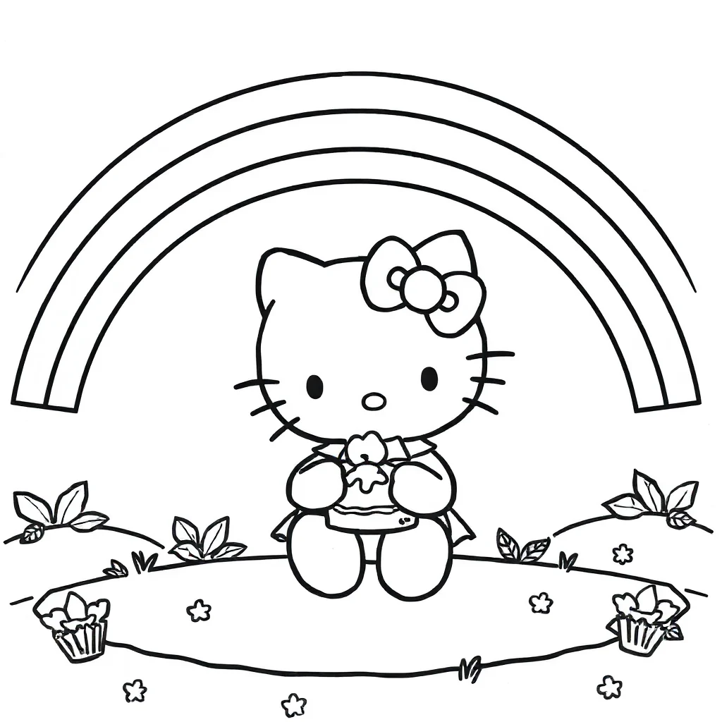 Hello kitty hello kitty with a slice of cake under a rainbow — classic hello kitty coloring page (ages 5–10)