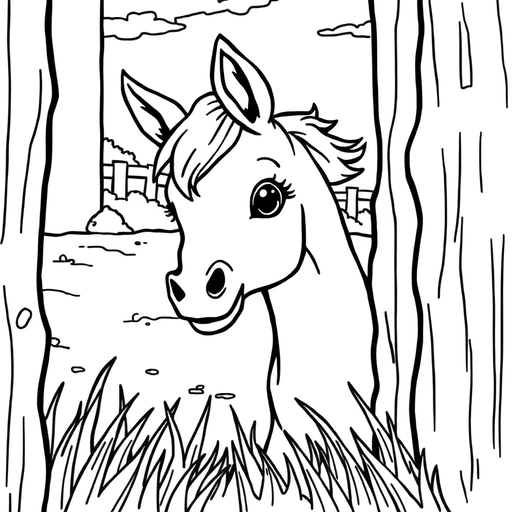 Horses a baby foal peeking from behind something — classic horses coloring page (ages 5–10)