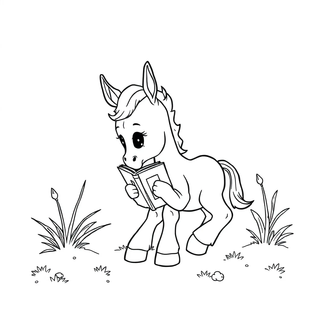 Horses a baby foal reading a book — classic horses coloring page (ages 5–10)