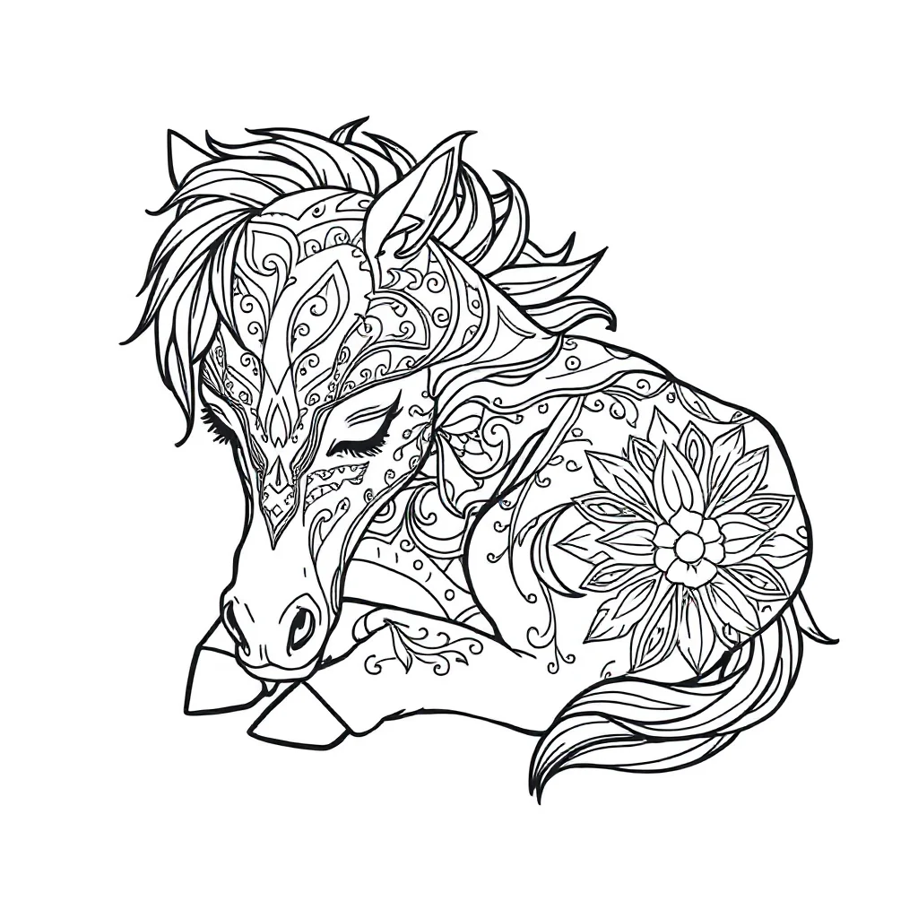 Horses a baby foal sleeping curled up — detailed horses coloring page (ages 9+ & adults)