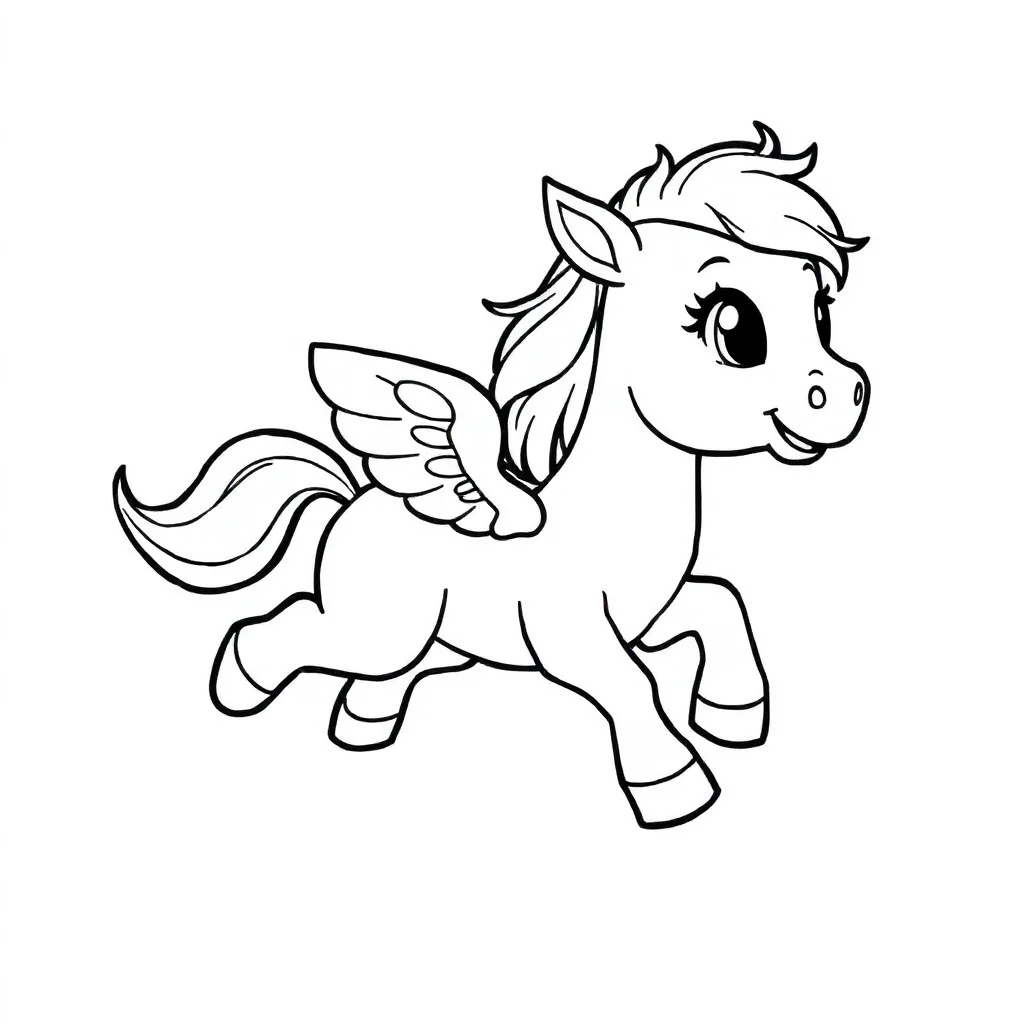Horses a cute pony flying — easy horses coloring page (ages 2–5)