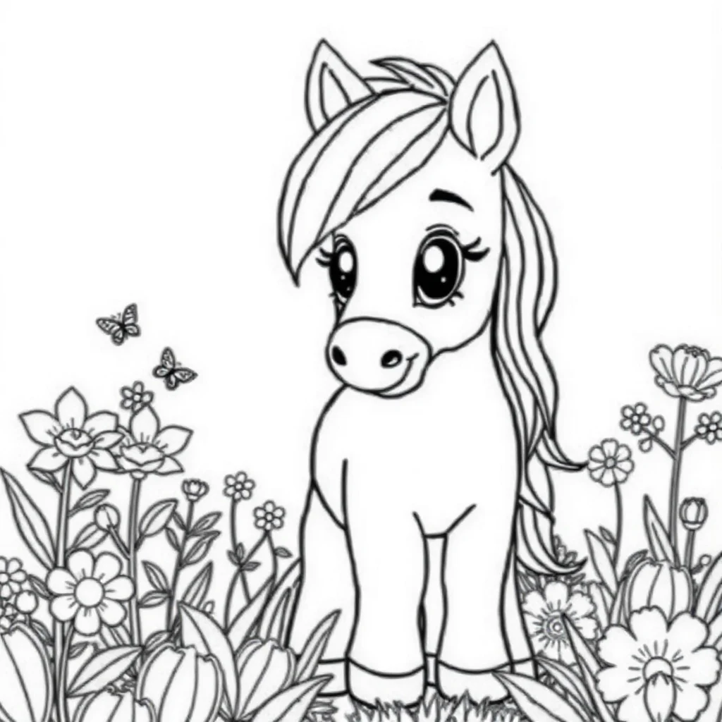 Horses a cute pony in a flower garden — classic horses coloring page (ages 5–10)