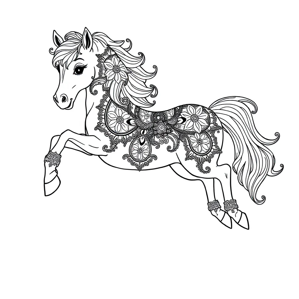 Horses a cute pony leaping mid air — detailed horses coloring page (ages 9+ & adults)