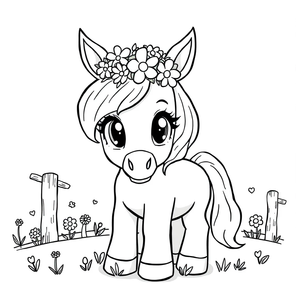 Horses a cute pony wearing a flower crown — classic horses coloring page (ages 5–10)