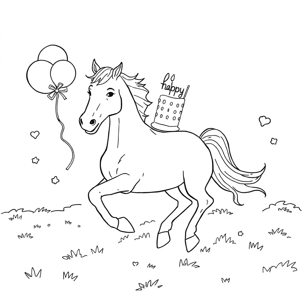 Horses a galloping horse celebrating a birthday — classic horses coloring page (ages 5–10)