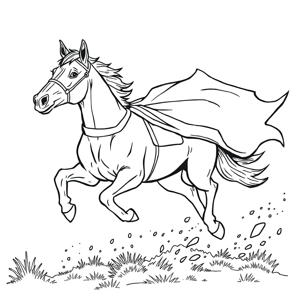 Horses a galloping horse in a superhero cape — classic horses coloring page (ages 5–10)