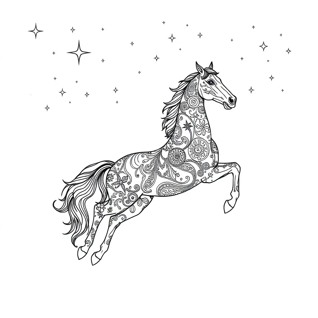 Horses a horse jumping under the night sky with stars — detailed horses coloring page (ages 9+ & adults)