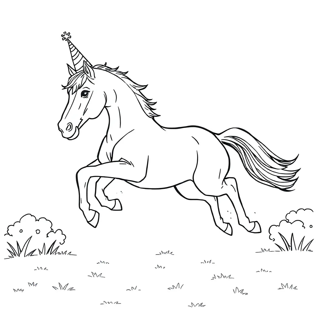 Horses a horse jumping wearing a party hat — classic horses coloring page (ages 5–10)