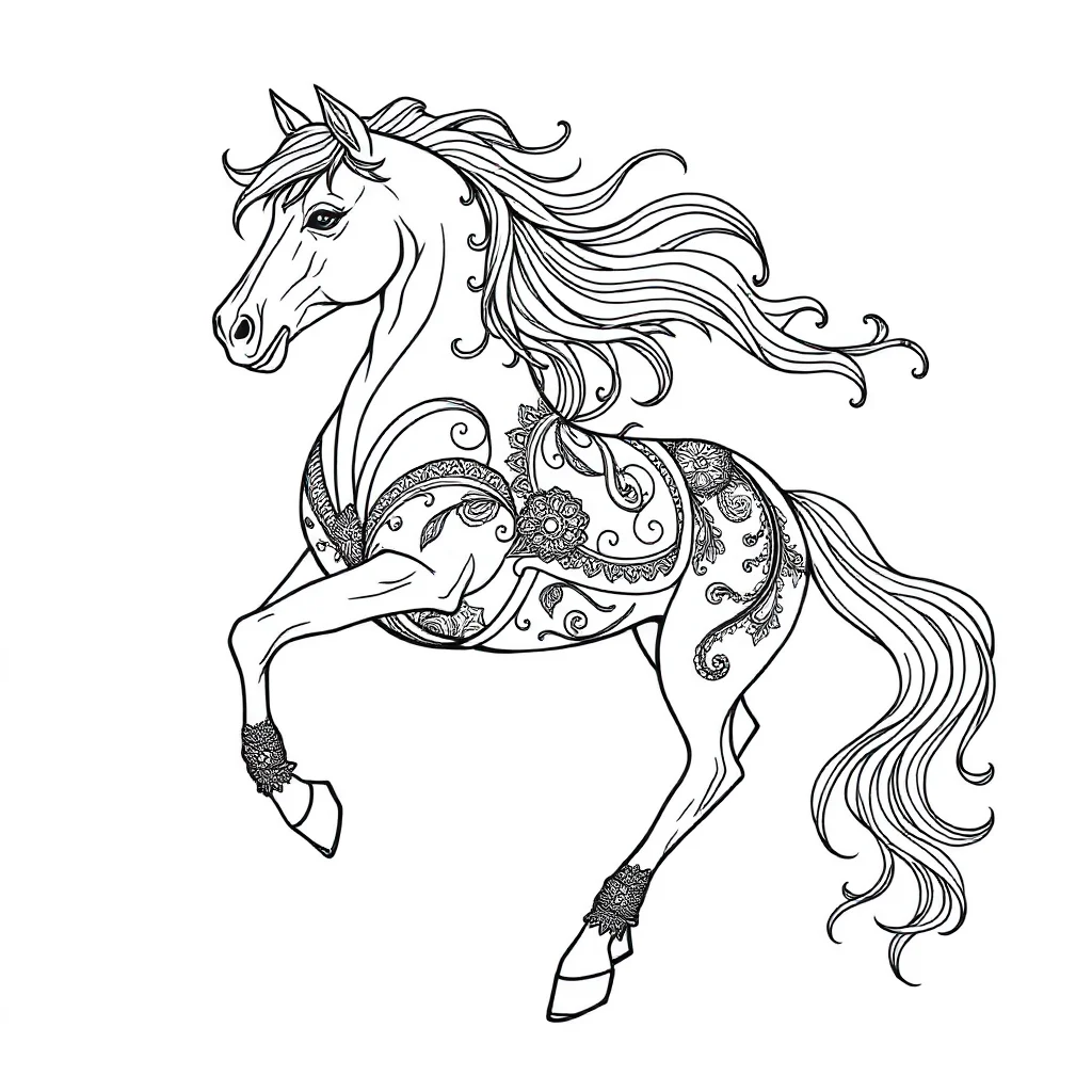 Horses a horse with a flowing mane dancing — detailed horses coloring page (ages 9+ & adults)