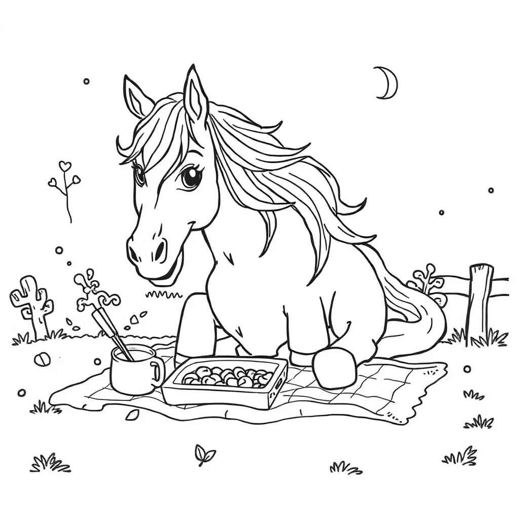 Horses a horse with a flowing mane having a picnic — classic horses coloring page (ages 5–10)