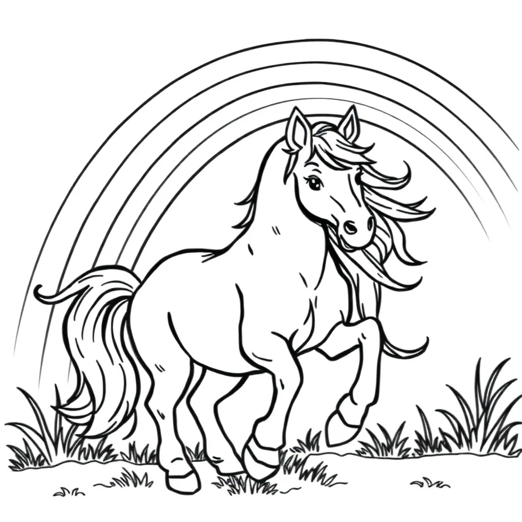 Horses a horse with a flowing mane under a rainbow — classic horses coloring page (ages 5–10)