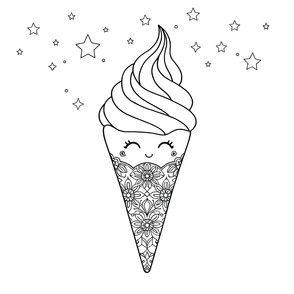 Ice cream a cute ice cream with a face under the night sky with stars — detailed ice cream coloring page (ages 9+ & adults)