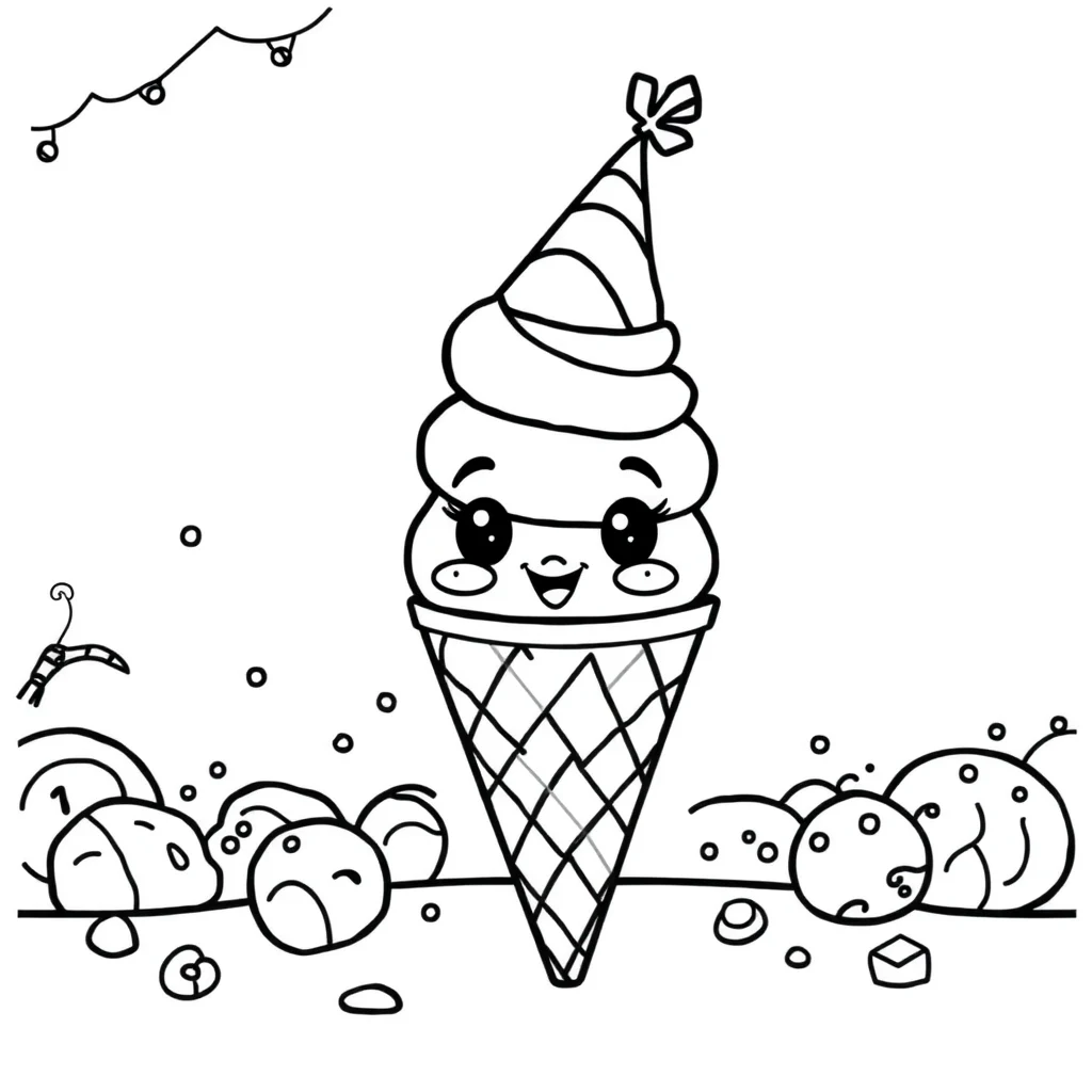 Ice cream a cute ice cream with a face wearing a party hat — classic ice cream coloring page (ages 5–10)
