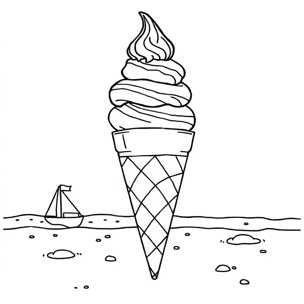 Ice cream a triple scoop cone on the beach — classic ice cream coloring page (ages 5–10)