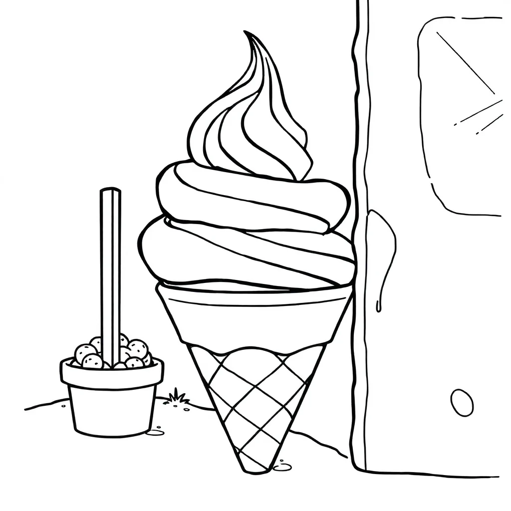 Ice cream a triple scoop cone peeking from behind something — classic ice cream coloring page (ages 5–10)