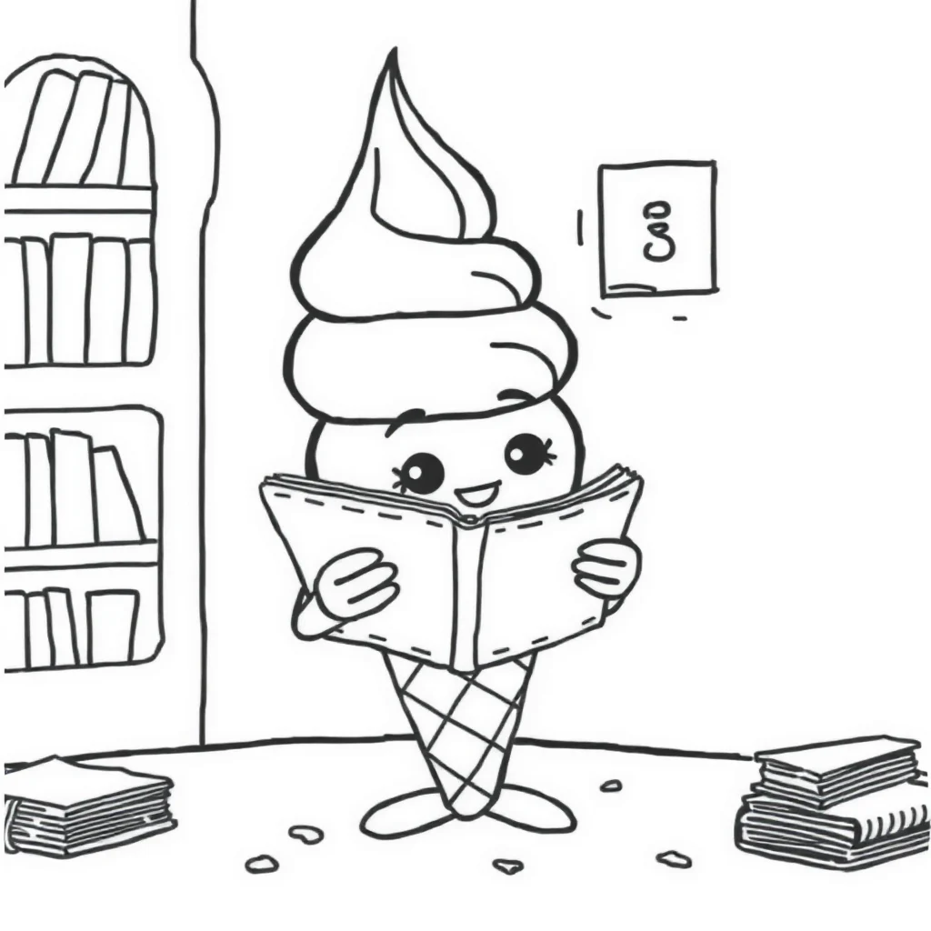 Ice cream a triple scoop cone reading a book — classic ice cream coloring page (ages 5–10)