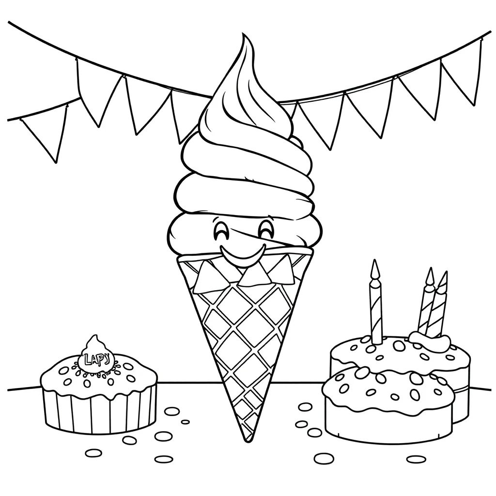 Ice cream an ice cream cone celebrating a birthday — classic ice cream coloring page (ages 5–10)