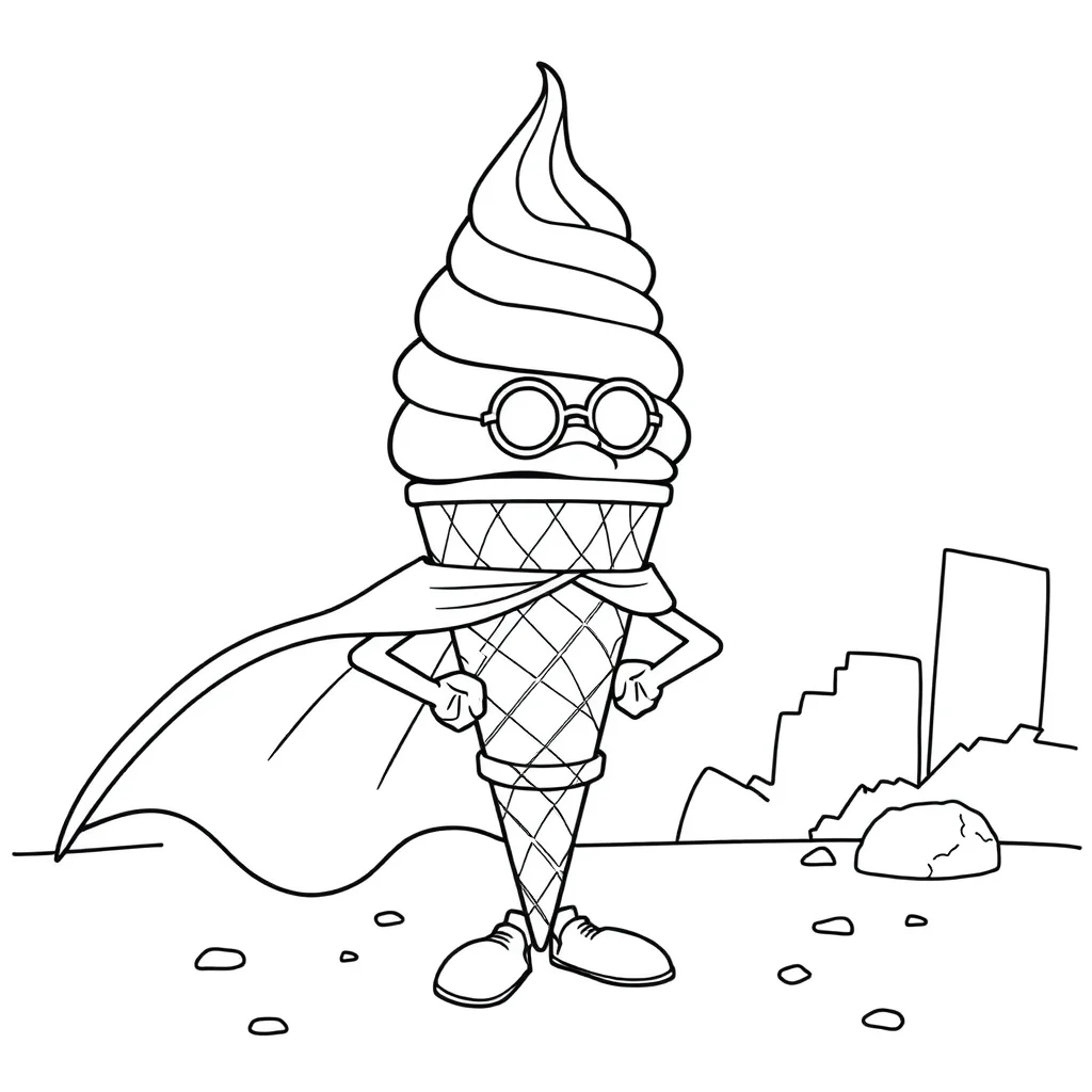 Ice cream an ice cream cone in a superhero cape — classic ice cream coloring page (ages 5–10)