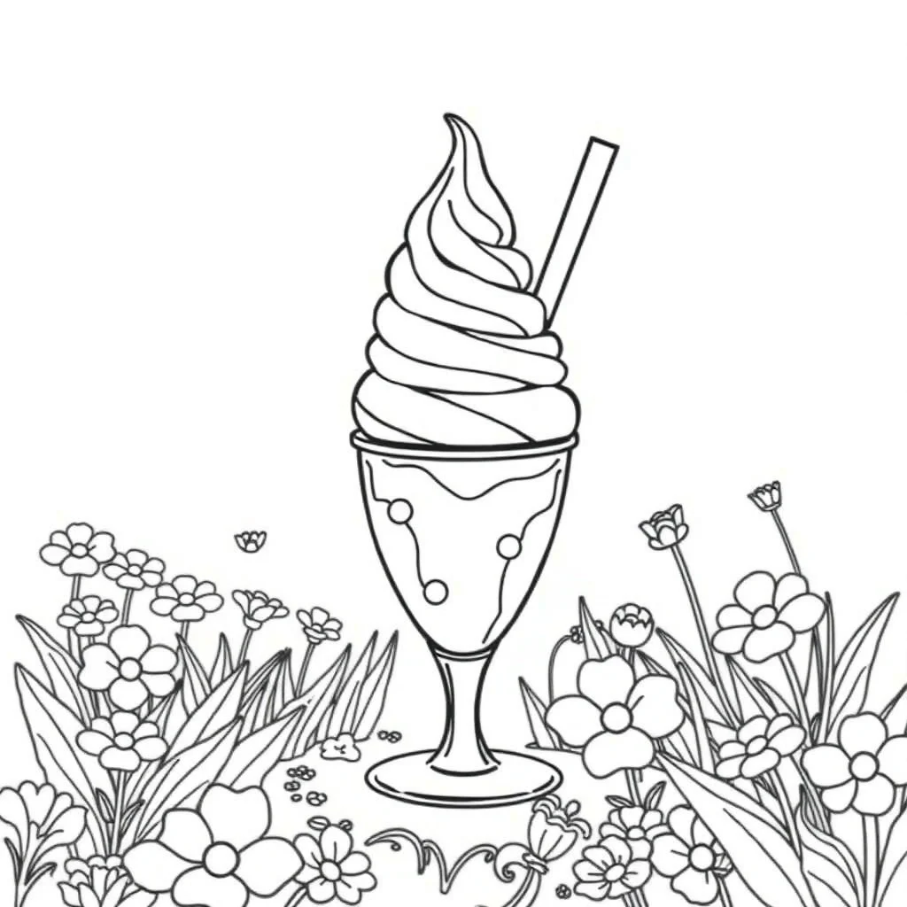 Ice cream an ice cream sundae in a flower garden — classic ice cream coloring page (ages 5–10)