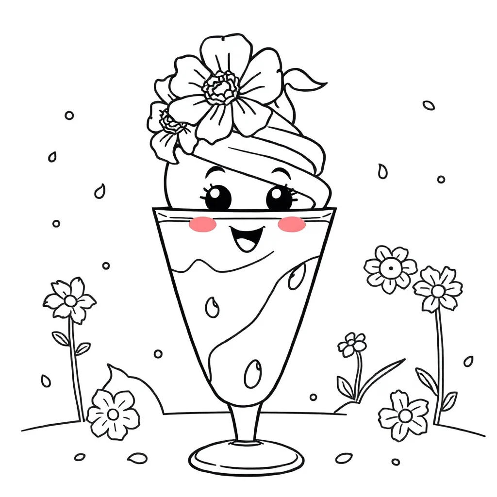 Ice cream an ice cream sundae wearing a flower crown — classic ice cream coloring page (ages 5–10)