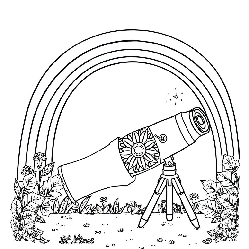 Kaleidoscope a detailed kaleidoscope under a rainbow — classic kaleidoscope coloring page (ages 5–10)