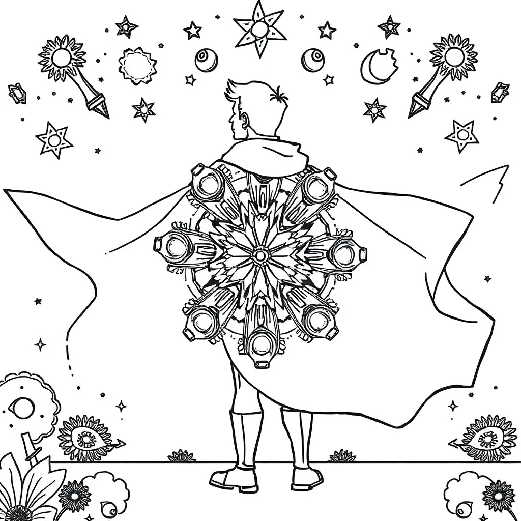 Kaleidoscope a kaleidoscope pattern in a superhero cape — classic kaleidoscope coloring page (ages 5–10)