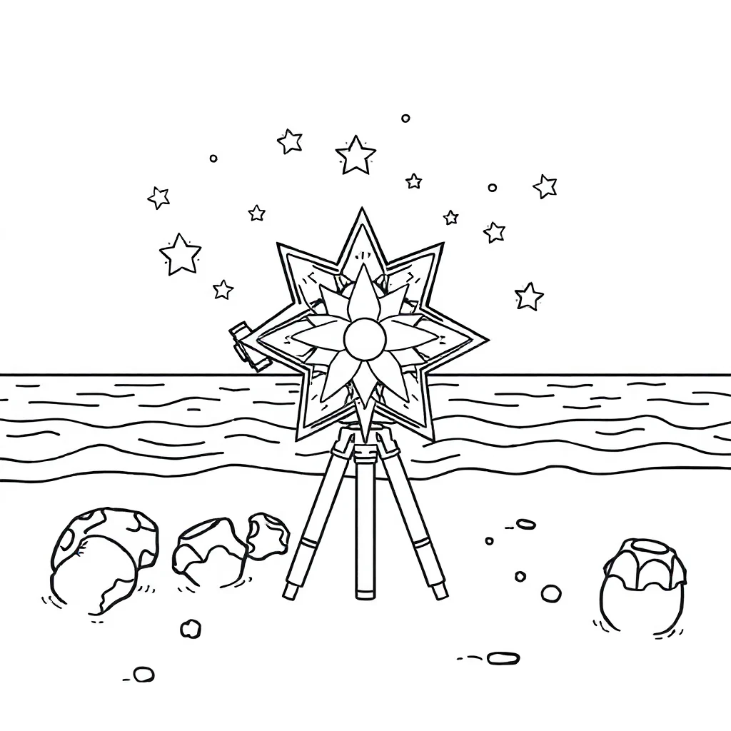 Kaleidoscope a star kaleidoscope on the beach — classic kaleidoscope coloring page (ages 5–10)
