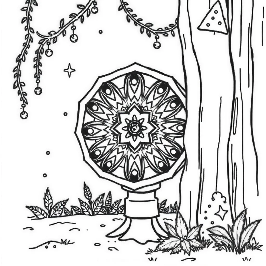 Kaleidoscope a star kaleidoscope peeking from behind something — classic kaleidoscope coloring page (ages 5–10)