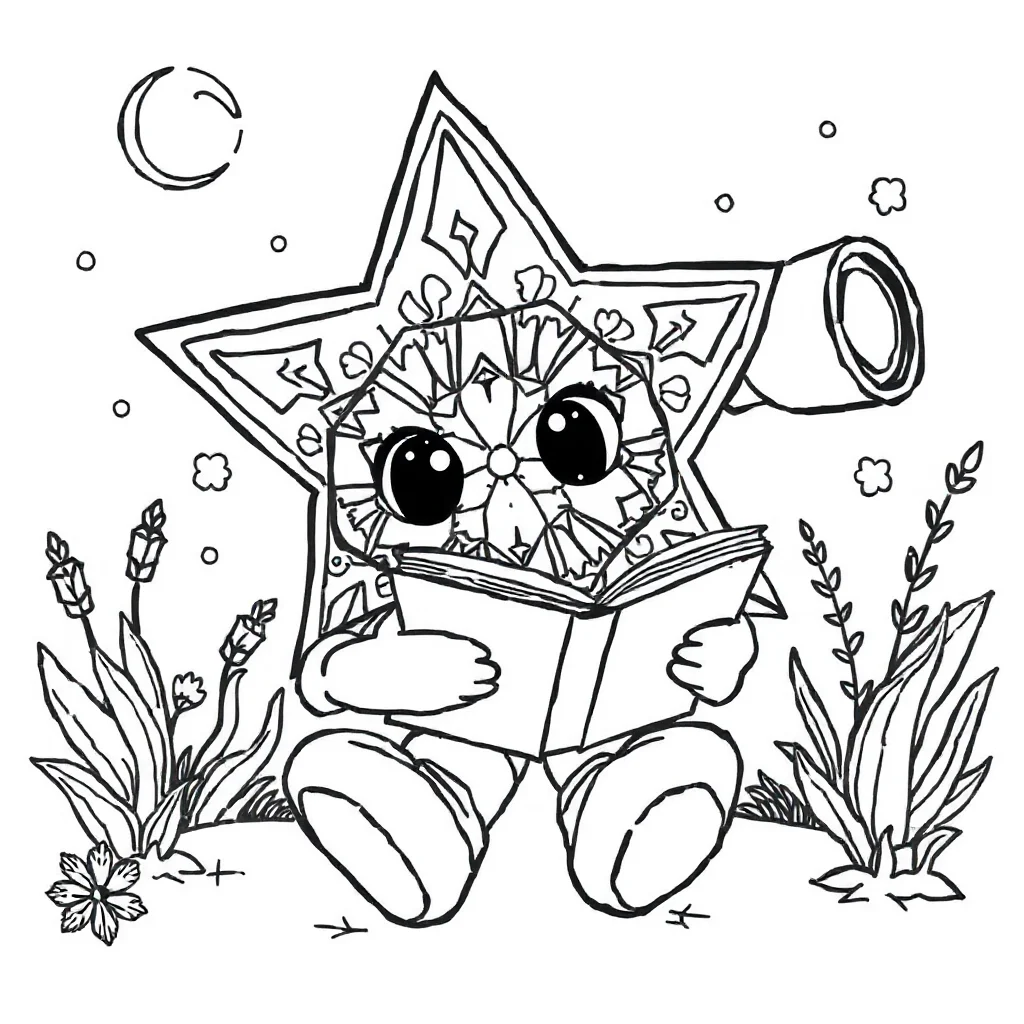 Kaleidoscope a star kaleidoscope reading a book — classic kaleidoscope coloring page (ages 5–10)