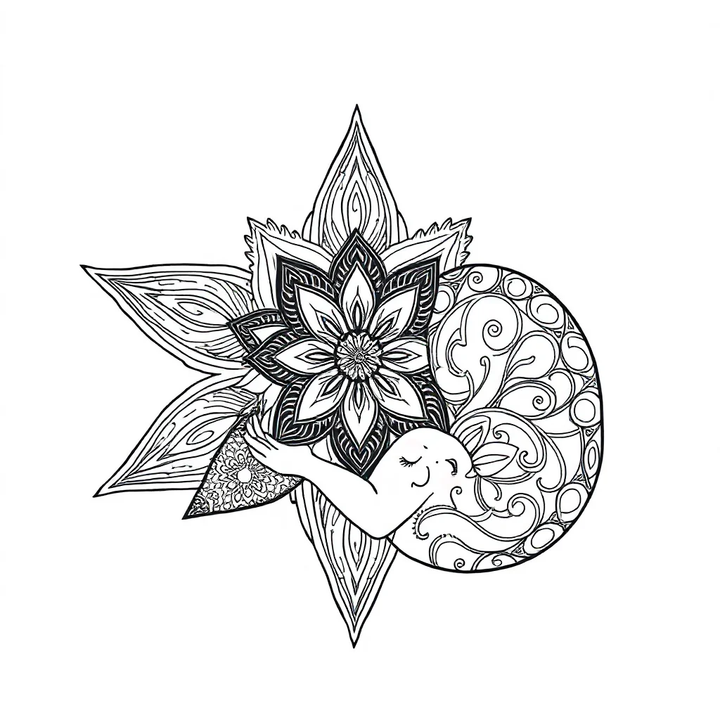 Kaleidoscope a star kaleidoscope sleeping curled up — detailed kaleidoscope coloring page (ages 9+ & adults)