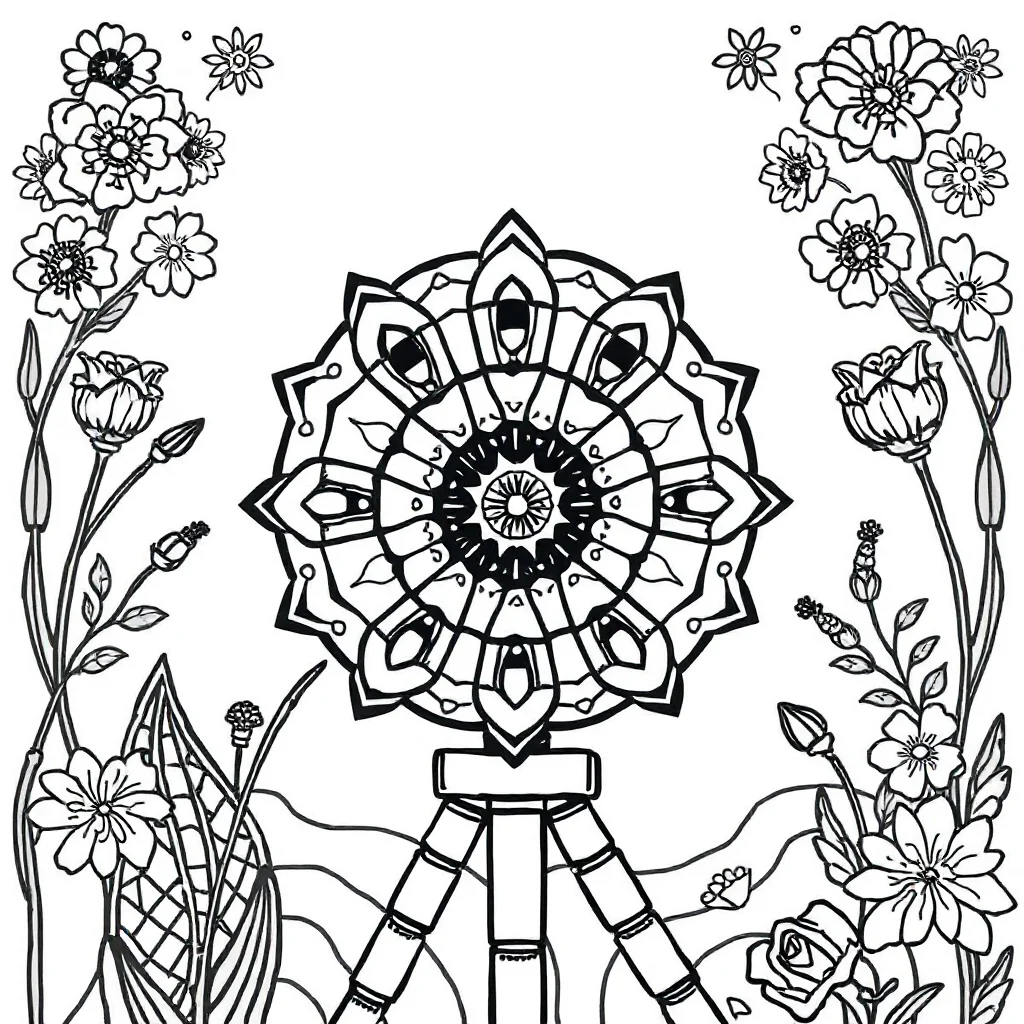 Kaleidoscope a symmetrical kaleidoscope in a flower garden — classic kaleidoscope coloring page (ages 5–10)