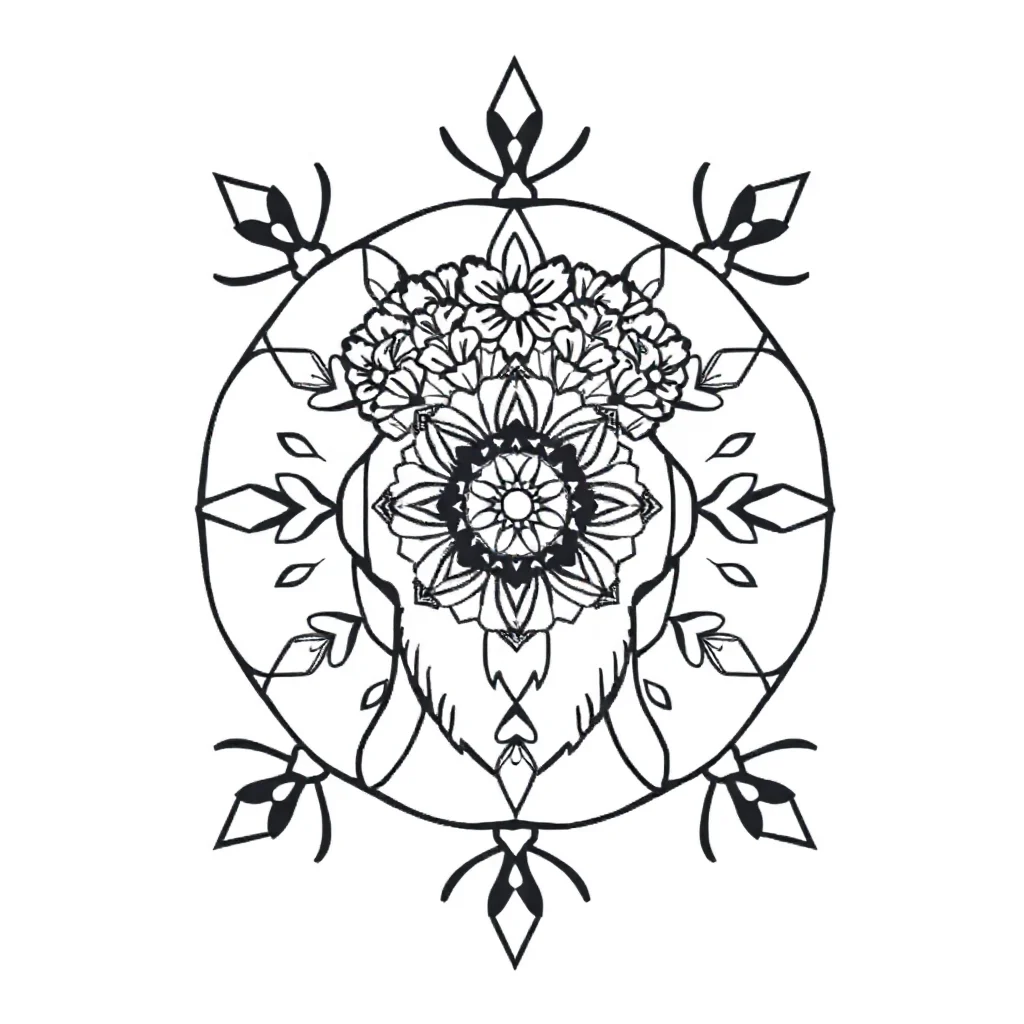 Kaleidoscope a symmetrical kaleidoscope wearing a flower crown — classic kaleidoscope coloring page (ages 5–10)